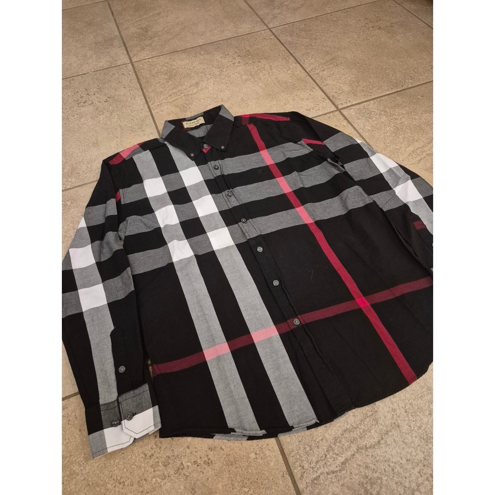 Burberry London England Men's Check Cotton Shirt Long Sleeves Black Red Gray - Picture 6 of 13